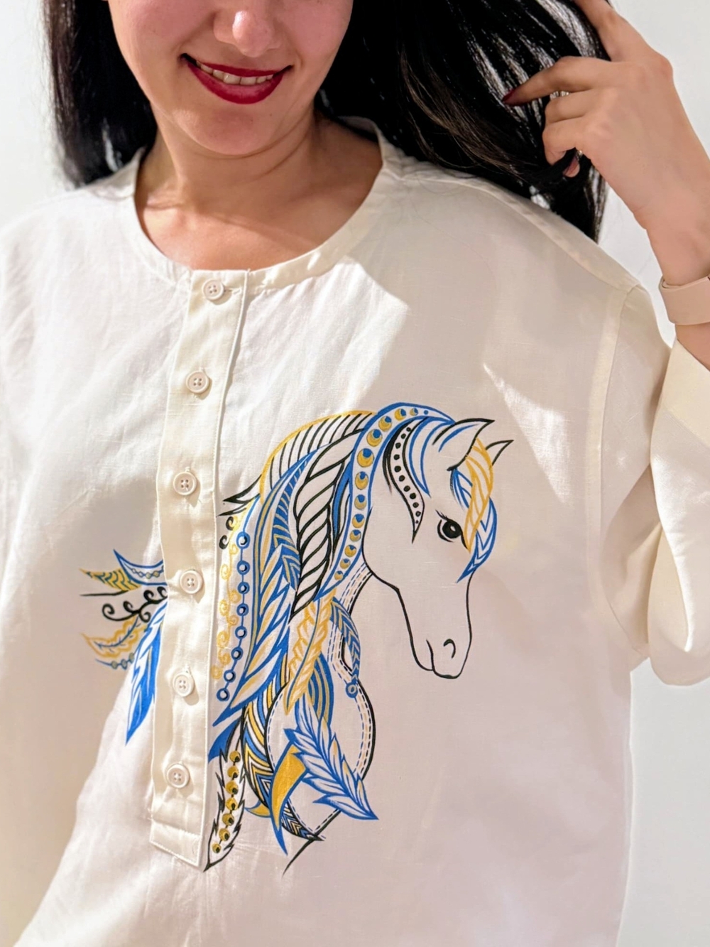 Unisex Hand Painted Zara Cream Button-Down Shirt with Blue & Yellow Horse Motif